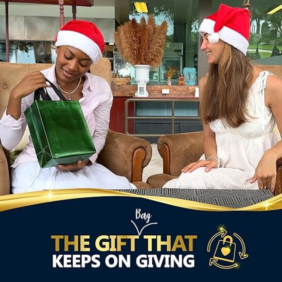 Green Gift Bags Medium Siz –Set of 12 Shiny Green Reusable Gift Bags With Handle - Picture 2 of 5